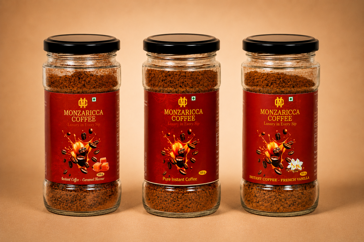 Best Combo Of Instant Pure + Caramel + French Vanilla Flavor Coffee Powder 100 gms Jar
