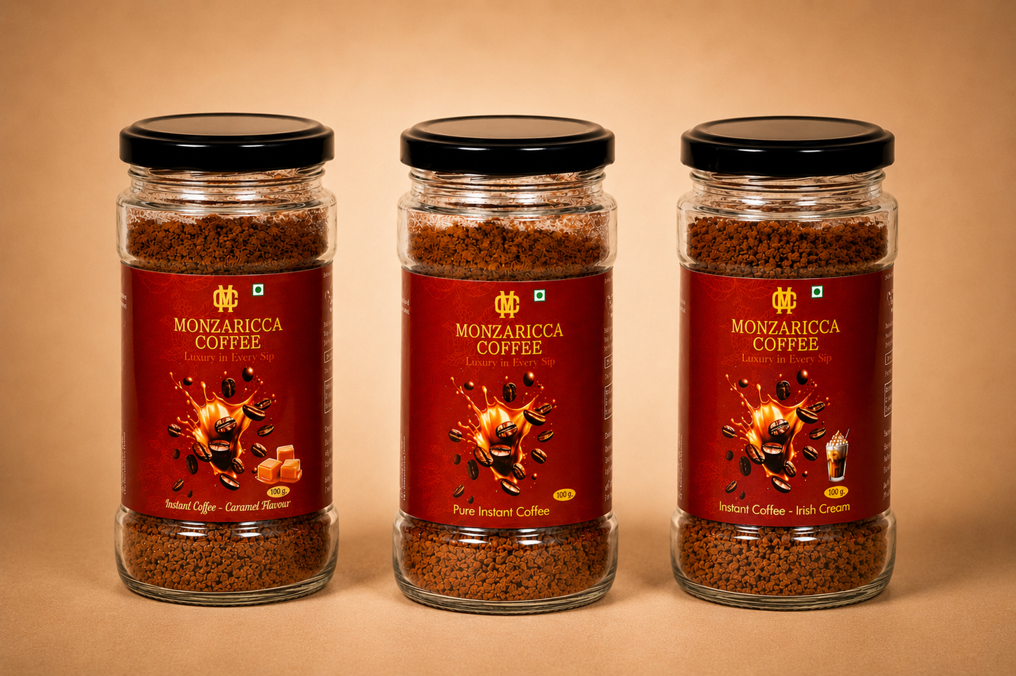 The Best Combo Of Instant Pure + Caramel + Irish Cream Flavor Coffee Powder 100 gms Jar